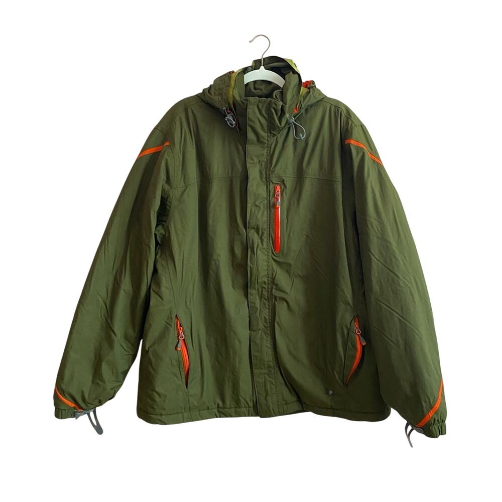 Lands End 100% Nylon Apres Ski Outdoor Detachable Hoodie Olive Full Zip Jacket